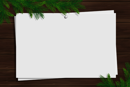 Wooden board with photo and place for inscription. Christmas pine twigs and spruce branches. Inspiration board with border. Winter mockup. Vector, EPS 10.のイラスト素材