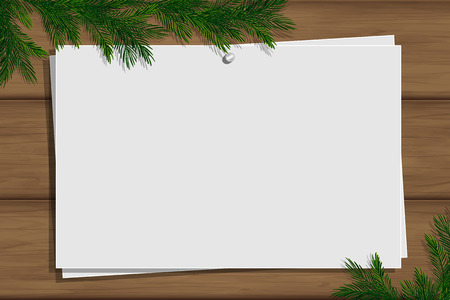 Wooden board with photo and place for inscription. Christmas pine twigs and spruce branches. Inspiration board with border. Winter mockup. Vector, EPS 10.のイラスト素材