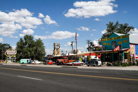 Route 66 with old cars inspired by Disney's CARS movie. Route 66 (officially US Route 66) is an old American route that linked Chicago (Illinois) to Santa Monica (California), between 1926 and 1985 in the United States.のeditorial素材