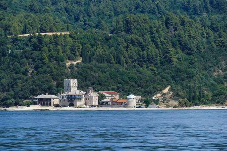 Greece, Mount Athos, sea port of Monastery Zographou in monastic republic of Athos. Zographou Monastery (in Greek: ÎÏÎ³ÏÎ¬ÏÎ¿Ï) is one of the twenty Orthodox monasteries of the Monastic Republic of Mount Athosのeditorial素材