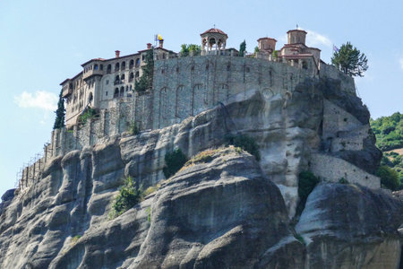 Greece, Mount Athos, Monastery of Great Meteoron, Monastery of the Transfiguration. The Great Meteora, or Monastery of the Transfiguration is an Orthodox Christian monastery, which is part of the Meteora monasteries, located in Greece, in the Penean valleのeditorial素材