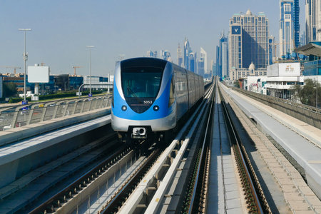 Dubai, United Arab Emirates, April 17, 2019. Dubai Automatic metro seen from a metro in reverseのeditorial素材