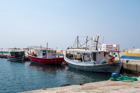 Nea Skioni, Greece, July 8, 2021. View of the fishing port. Nea Skioni is a small, bustling fishing...