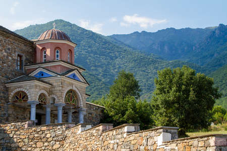 Greece, July 13, 2021. The Monastery of Timios Prodormos was built in 1981 on the architectural model of the Abbey of Xenophontos of Athos.の写真素材