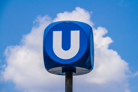 Vienna, Austria, July 23, 2021. Austria, U-Bahn sign on a blue cube indicating the metro in Vienna