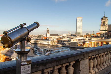 Brussels, Belgium, November 5, 2021. View of Brussels from Place Poelaert with a telescope