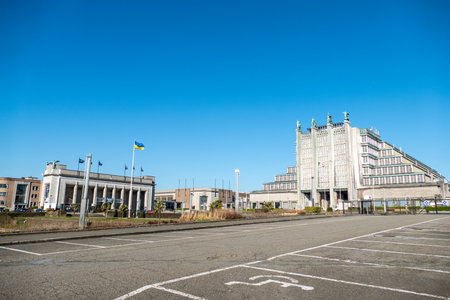 Brussels, Belgium, 11 March 2022. The Heizel with the flag of Ukraine. Brussels Aid For Ukraineのeditorial素材