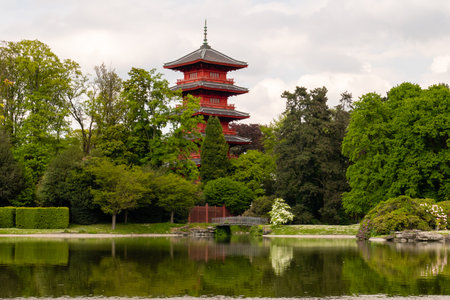 Brussels, Belgium, May 4, 2022. View of the Japanese Tower from the garden of the royal castle of Laeken. The Japanese tower would be an authentic Japanese pagoda.のeditorial素材