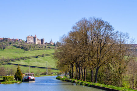 Chateauneuf, France, April 17, 2022. the Chateau de Chateauneuf-en-Auxois is a fortress, typical of 15th century Burgundian military architectureのeditorial素材