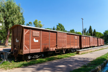 Kalamata, Greece, July 21, 2022. Old train in the Municipal Railway Park of Kalamata.