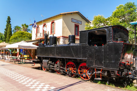 Kalamata, Greece, July 21, 2022. Old train in the Municipal Railway Park of Kalamata.