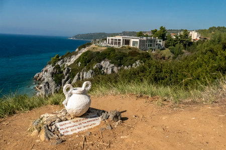 Loutra, Greece, October 23, 2022. Thermal Spa Agia Paraskevi on a cliff in front of the Aegean Seaのeditorial素材