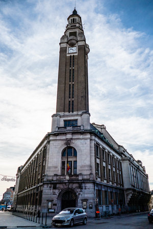 Charleroi, Belgium, November 11, 2022. The town hall of Charleroi, is a vast building mixing Classicism and Art Deco inaugurated in 1936.のeditorial素材