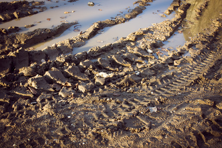 Machinery tire tracks in mud with water in a village
