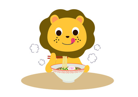 A lion eating hot ramen deliciouslyのイラスト素材