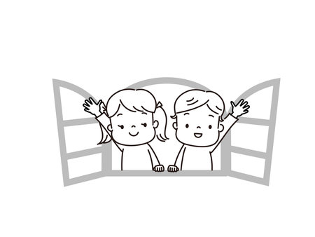Children smiling and shaking their hands through the windowのイラスト素材