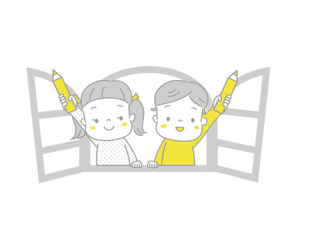 Children lean out of the window and raise pencils. I'm going to do my best to study.のイラスト素材
