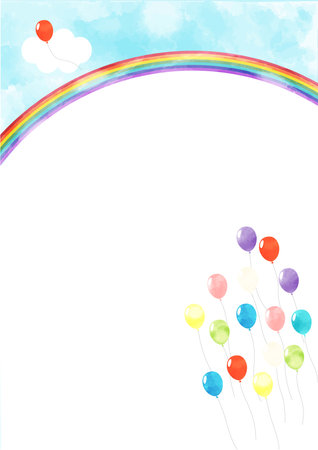 Colorful balloons and rainbows flying in the blue sky Vertical frameのイラスト素材