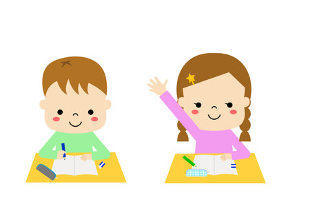 A boy studying in class and a girl raising her handのイラスト素材