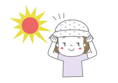 a girl who wears a hat firmly in the hot sunのイラスト素材