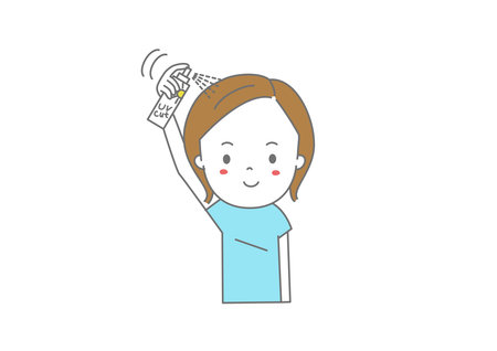 Woman wearing sunscreen spray on her hairのイラスト素材