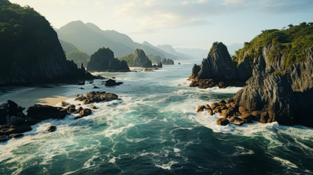 an aerial photograph with the camera pointing straight down at the Phi-phi beach. AI Generativeの素材