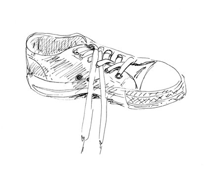 linear black and white graphic drawing alone sneaker with lacesの写真素材