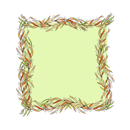 painted frame of twigs with yellow-green narrow leavesの写真素材