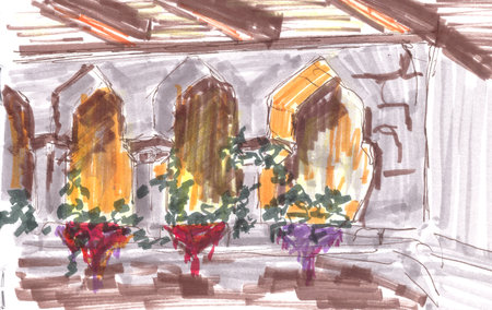 Graphic drawing of a beautiful wall with arched niches in an evening summer cafeの写真素材
