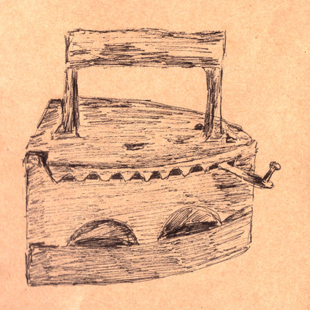 graphic black and white drawing vintage cast smoothing-iron on craft backgroundの写真素材