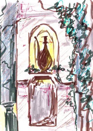 graphic drawing of a decorative jug standing in a lighted niche. The interior of the cafe.の写真素材
