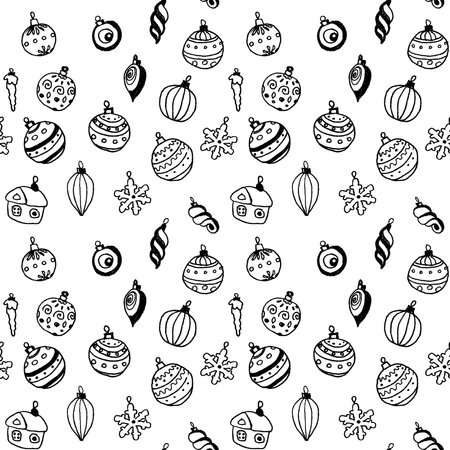 seamless pattern of black and white linear drawings of christmas toys on white backgroundの写真素材