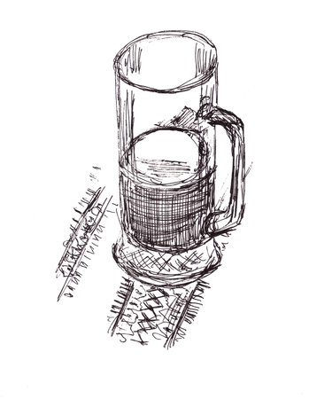 Graphic black and white drawing glass mug with a drink on white backgroundの写真素材