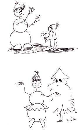 graphic black and white drawing of an adventure boy and a snowman. two stories on a white backgroundの写真素材