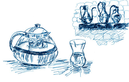 graphic monochrome drawing set for turkish tea - teapot and cup on a white backgroundの写真素材