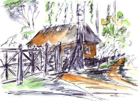 graphic linear color drawing of a rustic house with a thatched roof and fence on a white backgroundの写真素材