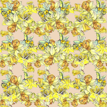seamless pattern of delicate spring flowers of yellow daffodils on a cream backgroundの写真素材