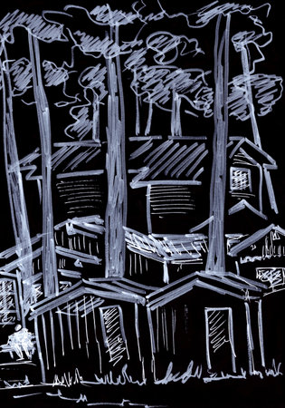 graphic white on black drawing many houses between pines in the city of Jurmala in Latviaの写真素材