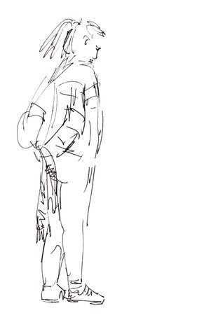 Graphic black and white drawing of a standing girl with a backpack on a white backgroundの写真素材