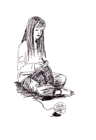 graphic black and white drawing girl sits and knits, a ball of thread lies in the foregroundの写真素材