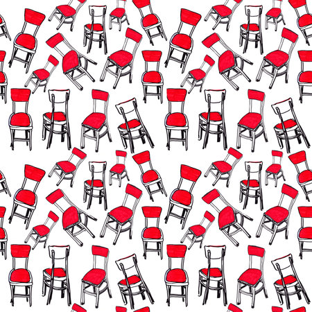 seamless pattern graphic color marker drawing chair with red upholstery on a white backgroundの写真素材