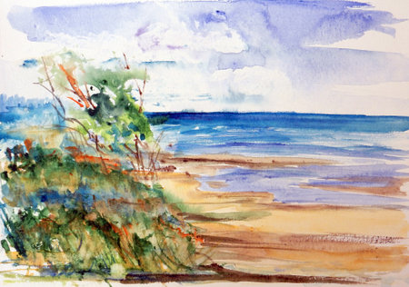 Watercolor abstract seascape with sand, blue sea and willow bushesの写真素材