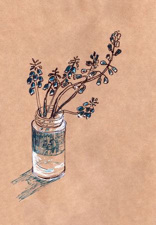 graphic drawing of blooming muscari in a jar of water on a brown backgroundの写真素材
