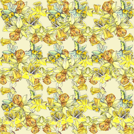 seamless pattern of delicate spring flowers of yellow daffodils on a light yellow backgroundの写真素材