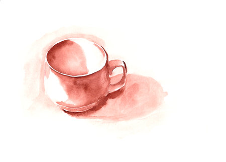 watercolor drawing monochrome white empty cup and its shadow on a white backgroundの写真素材