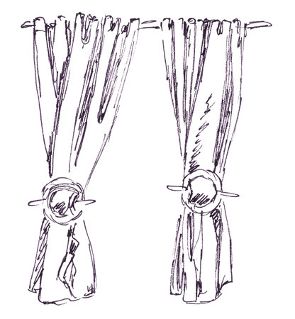 graphic black and white drawing two curtains with rings holders on a white backgroundの写真素材