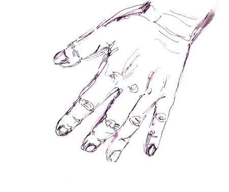 graphic black and white drawing open human palm isolated on white backgroundの写真素材