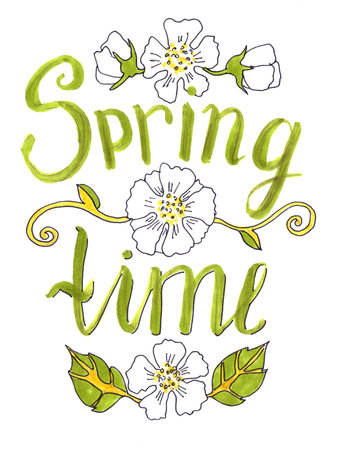 Hand lettered inspirational quote 'Spring time'. Hand brushed ink lettering. Modern brush calligraphy.の写真素材