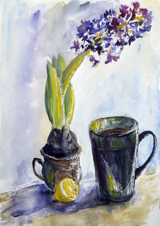 watercolor multicolor drawing spring still life with hyacinth, mug with coffee tea and lemonの写真素材