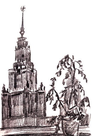 graphic black and white drawing the main building of Moscow State University on a white backgroundの写真素材